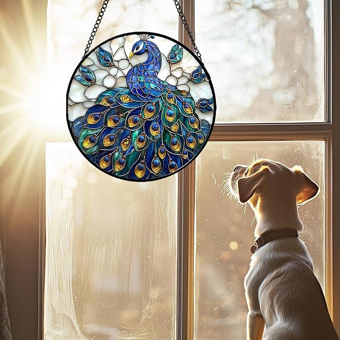 Stained Glass Window Hanging - Peacock Blue Gold Feathers Sun Catcher for Door Garden Home Decor Bird Suncatcher Christmas Mother's Day Birthday Gifts for Women Men Mom Nana 11.8 in