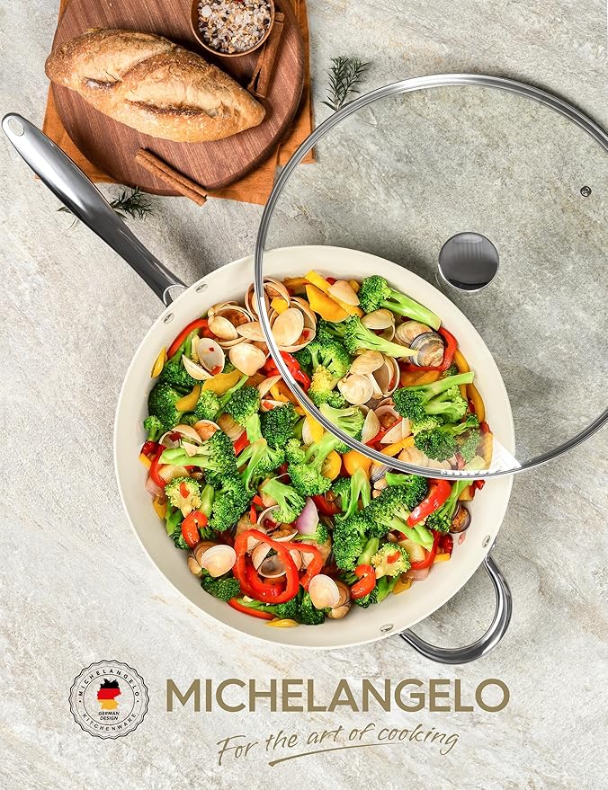 MICHELANGELO Large Frying Pan with Lid, 14 Inch Ceramic Skillet with Nonstick Coating, Healthy Non Stick Fry Pan, Induction Compatible, White
