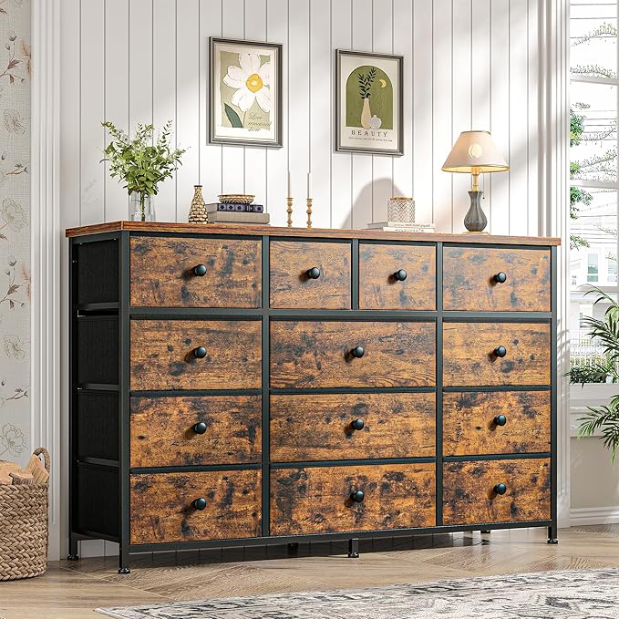 Tv Stand for Bedroom with 13 Fabric Dresser,Entertainment Center for 40,50,55 inch Tv,Dressers & Chests of Drawers for Living Room, Hallway, Entryway, Metal Frame, Rustic Brown