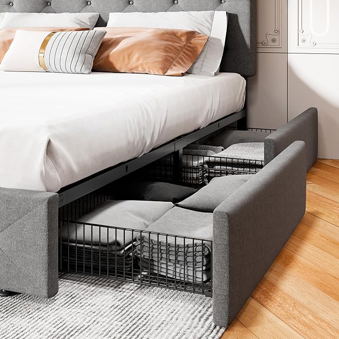 MUTICOR Full Size Bed Frame with 4 Storage Drawers, Upholstered Platform Bed with Button Tufted Adjustable Headboard, No Box Spring Needed, Easy Assembly, Diamond Tufted, Light Grey Fabric