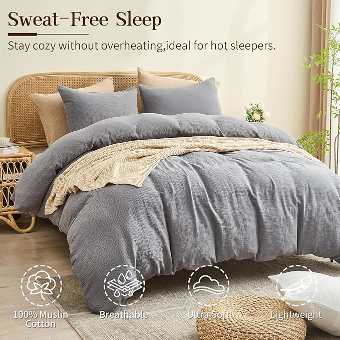 MEISHANG Muslin Duvet Cover Queen Size - 100% Organic Cotton, Soft Textured Gauze Weave Comforter Cover for Breathable All-Season with Zipper Closure - 3 Piece Set (Queen, Dark Grey)
