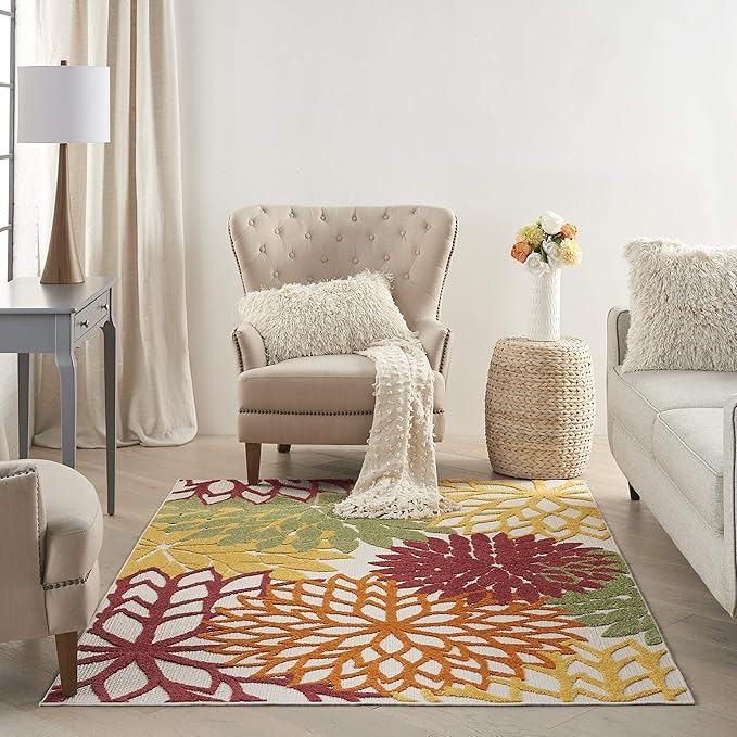 Nourison Aloha Indoor/Outdoor Red Multi Colored 3'6" x 5'6" Area Rug, Tropical, Botanical, Easy Cleaning, Non Shedding, Bed Room, Living Room, Dining Room, Deck, Backyard, Patio (3x5)