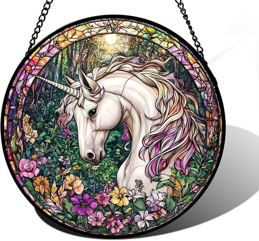 Stained Glass Window Hanging, Unicorn Flowers Suncatcher for Doors Home Sun Catchers Decoration and Christmas, Mother's Day Birthday Gifts for Women, Men, and Mom 11.8x11.8 in