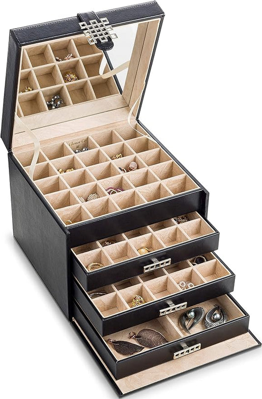 Earring Organizer Holder - 75 Small & 4 Large Slots Classic Jewelry Box with Drawer & Modern Closure, Mirror, 4 Trays Earrings, Ring or Chain Storage - PU Leather Case - Black