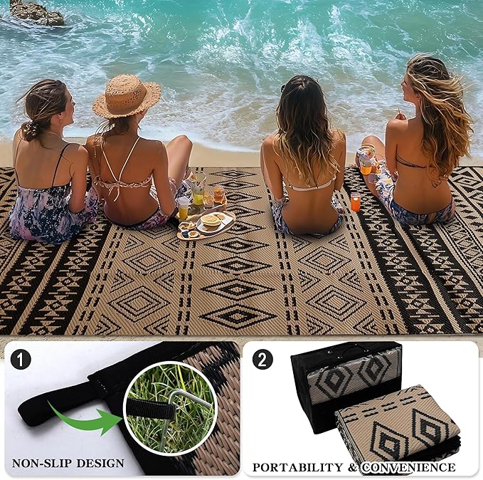 Wallona Outdoor Rugs 9x12 ft Patio Waterproof Clearance Indoor Outdoor Large Carpet for Patio Plastic Straw Reversible Area Rugs Mat for RV, Camping, Balcony, Beach, Picnic, Porch, Boho Black & Brown