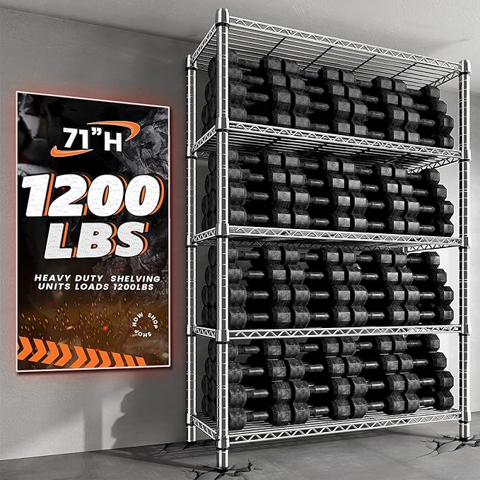 REIBII 5-Tier Wire Shelving - Heavy Duty Metal Shelves for Loads up to 1200LBS, Adjustable Garage & Pantry Storage, 71H X 35.5W X 14D, Chrome
