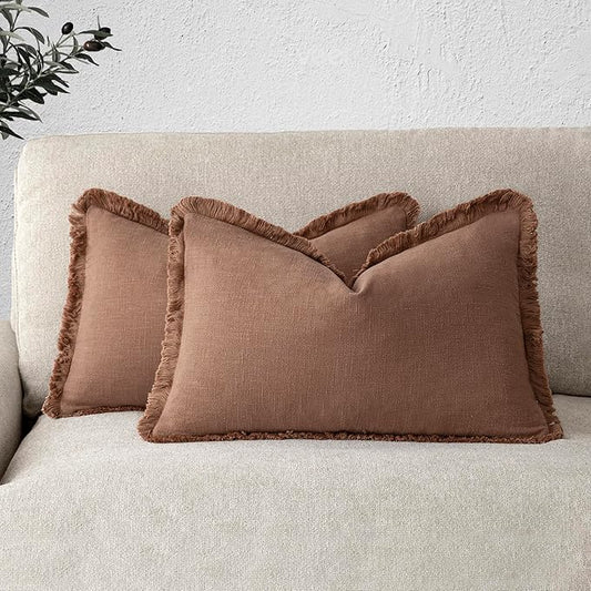 Foindtower Set of 2 Decorative Linen Fringe Lumbar Throw Pillow Covers Boho Farmhouse Cushion Cover with Tassels Soft Cozy Accent Pillowcase for Chair Sofa Couch Living Room Home Decor,12×20 Inch,Rust
