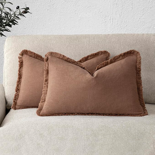 Foindtower Set of 2 Decorative Linen Fringe Throw Pillow Covers Boho Farmhouse Cushion Cover with Tassels Lumbar Accent Pillowcase for Couch Bed Sofa Living Room Home Bedroom Decor,12×24 Inch,Rust