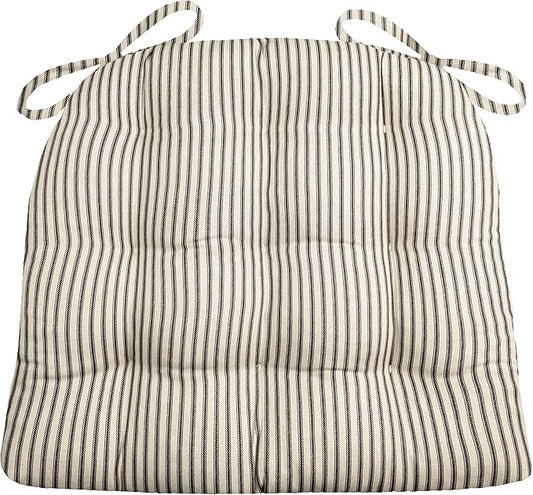 Barnett Home Decor Ticking Stripe Black Dining Chair Pad with Ties - 19" x 19" Size Large Chair Cushion - Latex Foam Fill - Machine Washable, Reversible, 100% Cotton, Made in USA