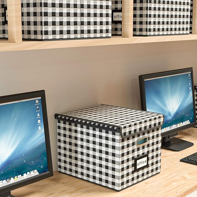 Huolewa Collapsible File Storage Organizer Box with Lid, Lattice Linen Office Document Storage, Universal Hanging Filing Organization Box for Letter/Legal Folder, Decorative Home File Bin
