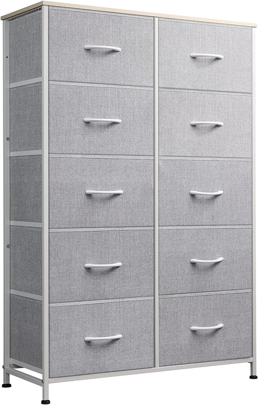WLIVE Tall Dresser for Bedroom with 10 Drawers, Chest of Drawers, Dressers Bedroom Furniture, Storage Organizer Unit with Fabric Bins for Closet, Hallway, Living Room, Entryway, Light Grey