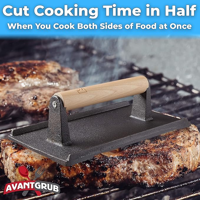 Pro Grade, Pre Seasoned Cast Iron Grill Weight 2Pk. Heavy Duty Steak and Burger Press with Wooden Handle for Grills, Griddles and Flattops. Perfect Gadget for Bacon, Paninis, Sandwiches and Vegetables