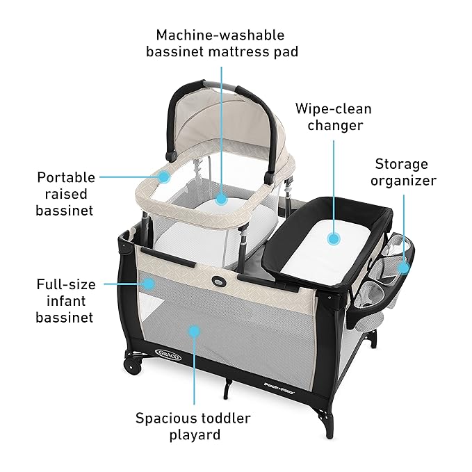 Graco Pack 'n Play Day2Dream Travel Bassinet Playard Features Portable Bassinet Diaper Changer and More (Lo, Lo, W/Fold Flat Bassinet)