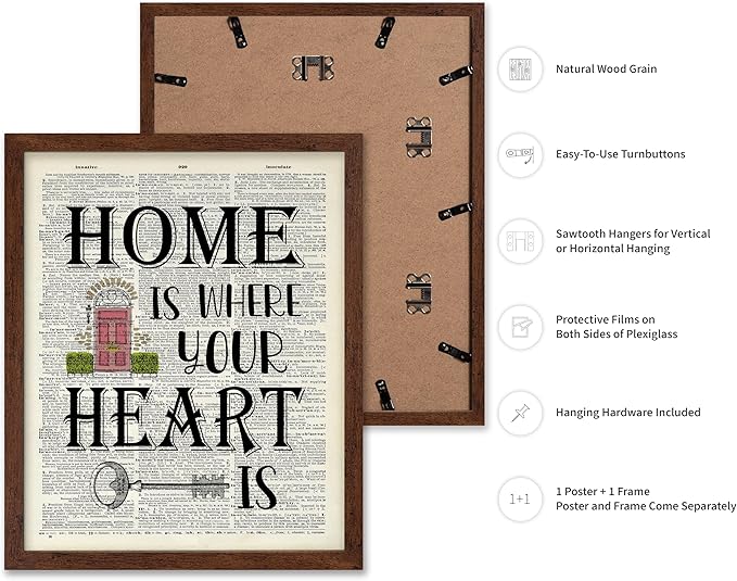 Poster Master Dictionary Art Poster - Home Is Where Your Heart Is Print - Motivational Art - Gift for Men & Women - Inspiring Wall Decor for Dorm, Bedroom or Living Room, 8x10 Brown Framed