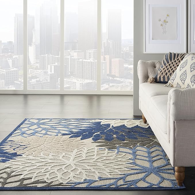 Nourison Aloha Indoor/Outdoor Blue/Multicolor 3'6" x 5'6" Area Rug, Tropical, Botanical, Easy Cleaning, Non Shedding, Bed Room, Living Room, Dining Room, Deck, Backyard, Patio (3x5)