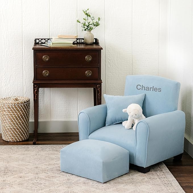 Toddler Personalized Armchair, Kids Upholstered Rocking Chair with Personalization, Toddler Chair with Personalized Name, Comfy Child Armchair, (Light Blue Suede, Rockers)