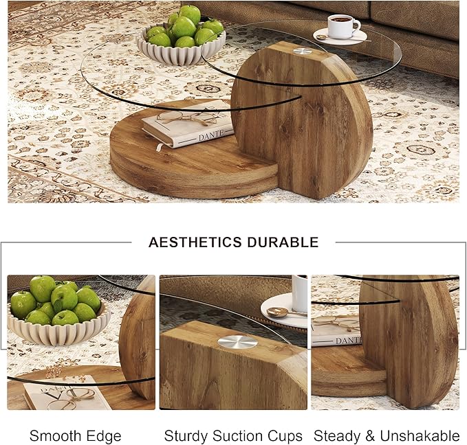 Glass Coffee Table, Modern Round Glass Coffee Table with Wooden Base, 3 Tier Round Coffee Table, Clear Cocktail Table with Storage for Living Room, Office, Balcony, Wood