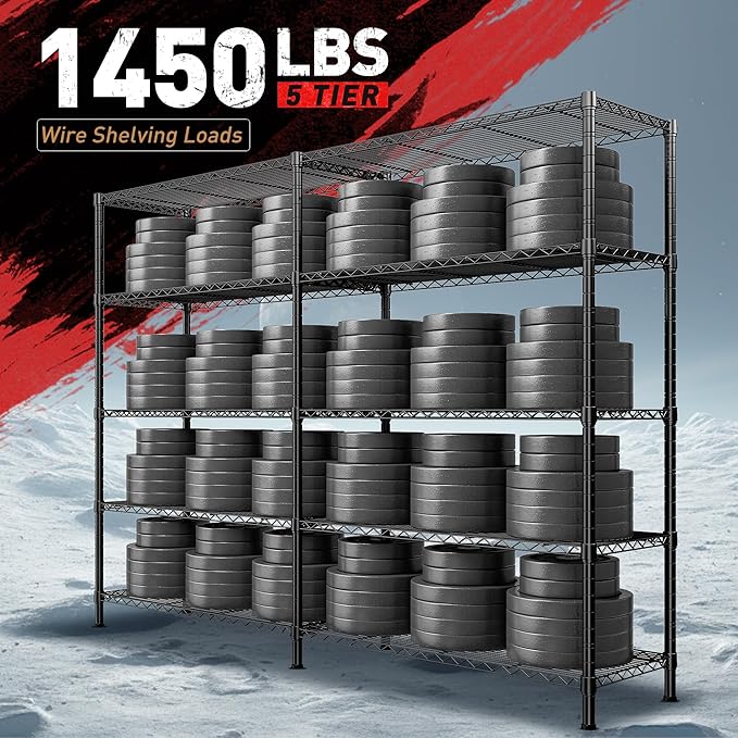 REIBII1450LBS Metal Shelving Unit Storage Shelves 5 Tier Wire Shelving 58.1''W Pantry Shelves Wire Shelf Adjustable Garage Shelving Heavy Duty Storage Rack for Pantry Kitchen Garage, Black