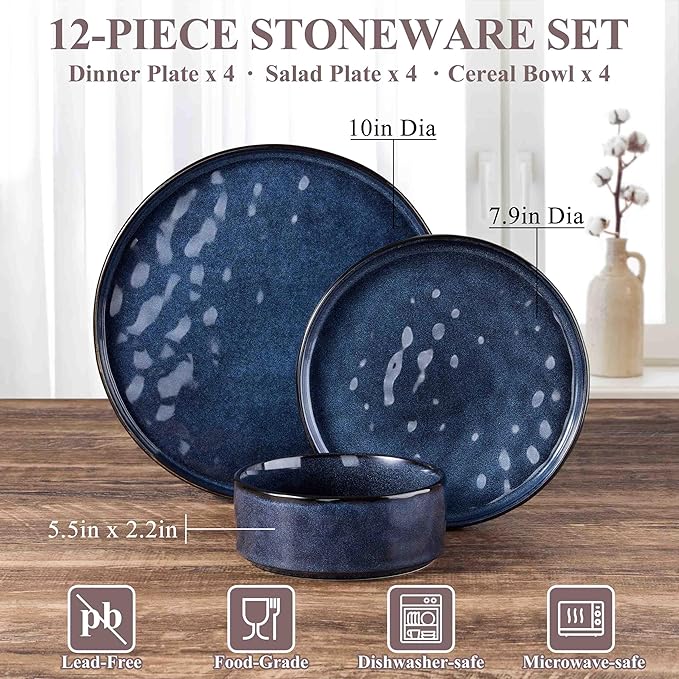 Herogo 12 Pieces Dinnerware Sets, Plates and Bowls Sets Service for 4, Modern Stoneware Dinning Dishes, Dishwasher & Microwave Safe, Starry Blue