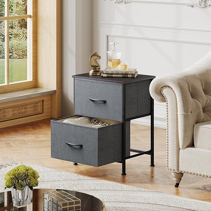 WLIVE Nightstand, 2 Drawer Dresser for Bedroom, Small Dresser with 2 Drawers, Bedside Furniture, Night Stand, End Table with Fabric Bins for Bedroom, Closet, Entryway, College Dorm, Dark Grey