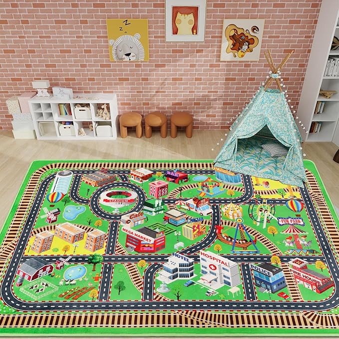 Kids Rug Play Mat for Toy Cars, City Life 3D Road Traffic 39.4"×59" for Playroom Kid Car Road Rug City Map Play Mat Non-Slip Washable Classroom Carpet for Toddlers BoyTummy Time Playtime