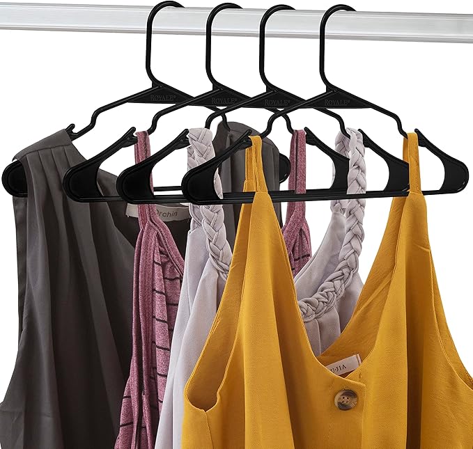 Royale Linens 60 Pack Black Plastic Hangers for Clothes - Heavy Duty Clothes Hanger for Everyday Use - Lightweight & Space Saving Notched Plastic Hangers