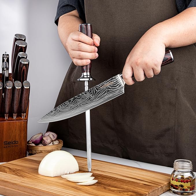 Seido Knives Master Chef Knife Japanese Handmade High Carbon Steel 8 inch - Perfectly Well-Balanced Pakka Wood Handle Kitchen Slicing Knife Razor-sharp Blade Precision Cutting