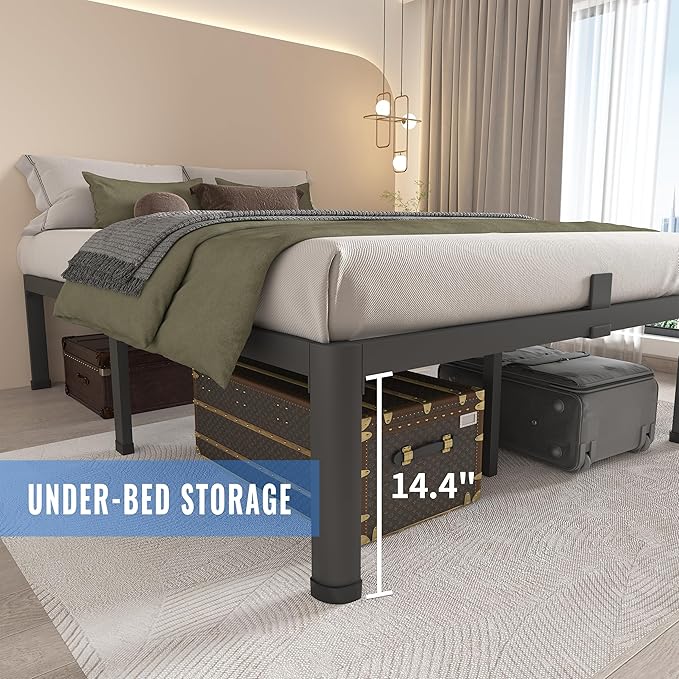 MAF 16 Inch Queen Bed Frames with Round Corner Legs Mattress Slide Stopper No Box Spring Needed Heavy Duty Metal Platform Bed Frame Under-Bed Storage Space, 3000 LBS Steel Slats Support