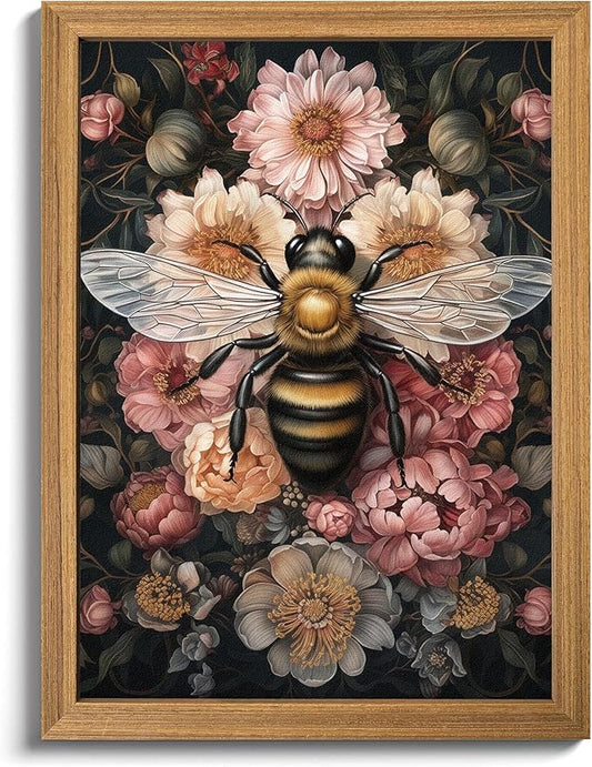 Framed Vintage 3D Textured Wall Art - Dark College Bee Flowers Wall Decor - Hand Drawn Sandstone Nature Botanical Pictures for Living Room Bedroom Home Decor 8x10in