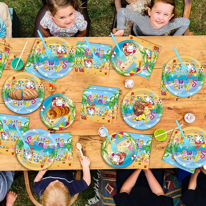 96 Pcs Hello Summer Beach Party Plates Napkins Tableware Set End of School Year Pool Party Birthday Supplies Disposable Dinnerware School's Out Gnome Themed Decoration Favors for Kids, 24 Guests