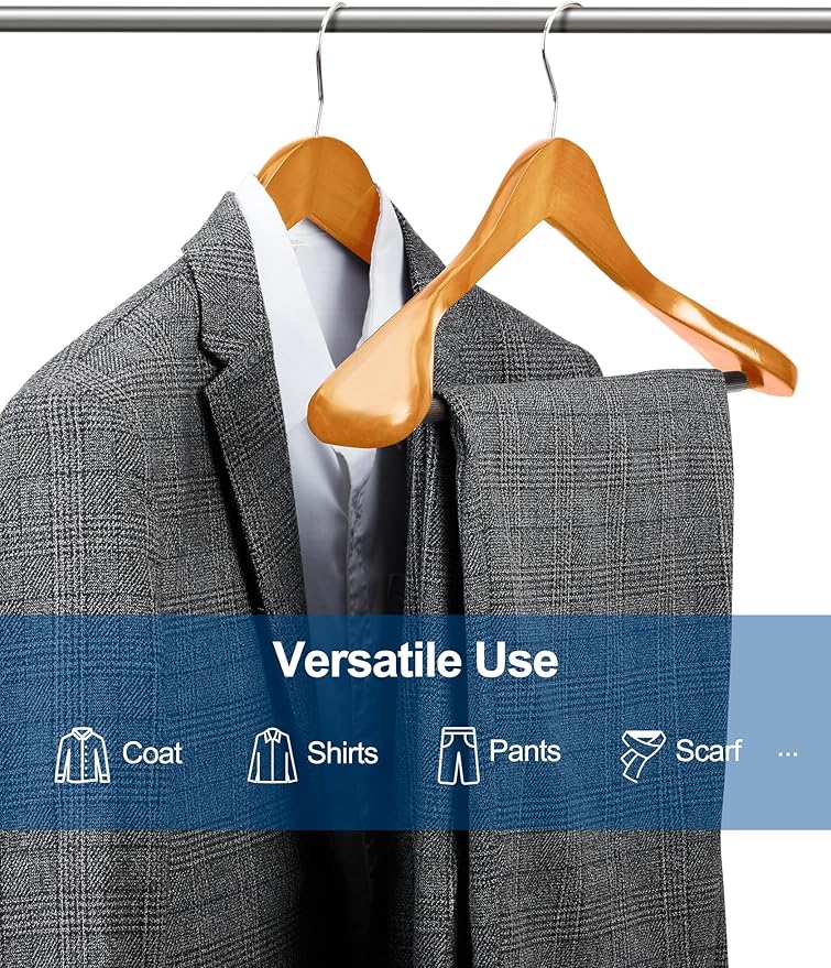 HOUSE DAY Wide Shoulder Wooden Hangers 12 Pack, Wood Suit Hangers for Men with Non Slip Pants Bar, Smooth Finish Solid Wood Coat Hanger for Jacket, Pants, Dress, Heavy Clothes Hangers (Natural)