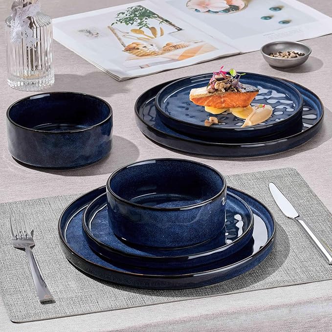 Herogo 24 Pieces Dinnerware Sets for 8, Plates and Bowls Sets for Home Serving, Stoneware Dinning Dishes, Dishwasher & Microwave Safe, Starry Blue