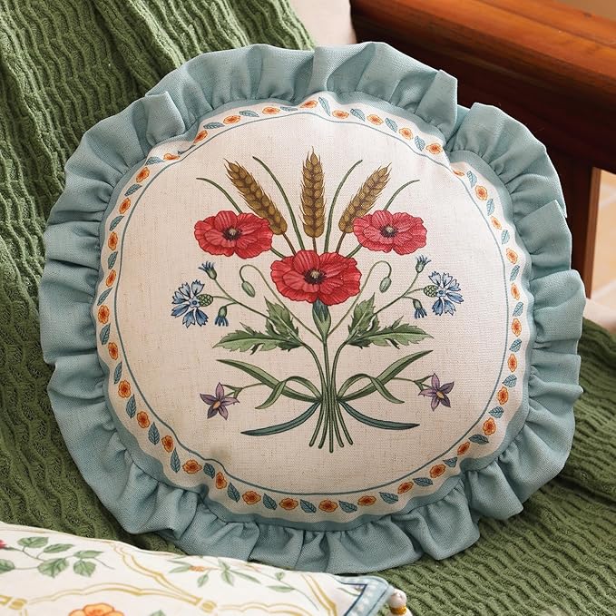 Design Linen Round Throw Pillow Covers Diameter 16" Pack of 2, Fresh Farmhouse Cushion Covers with Red Watercolor Wildflower Pattern Decor Pillowcases for Bed,Living Room,Outdoor,Car