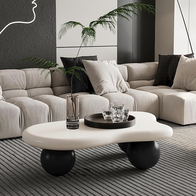 40 Inch Cloud Shaped Coffee Table with 3 Ball Legs for Living Room White Top Black Legs