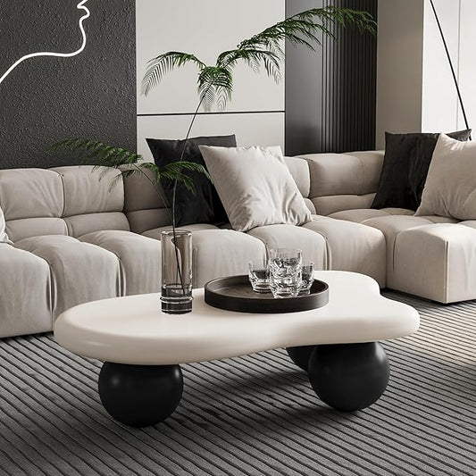 40 Inch Cloud Shaped Coffee Table with 3 Ball Legs for Living Room White Top Black Legs