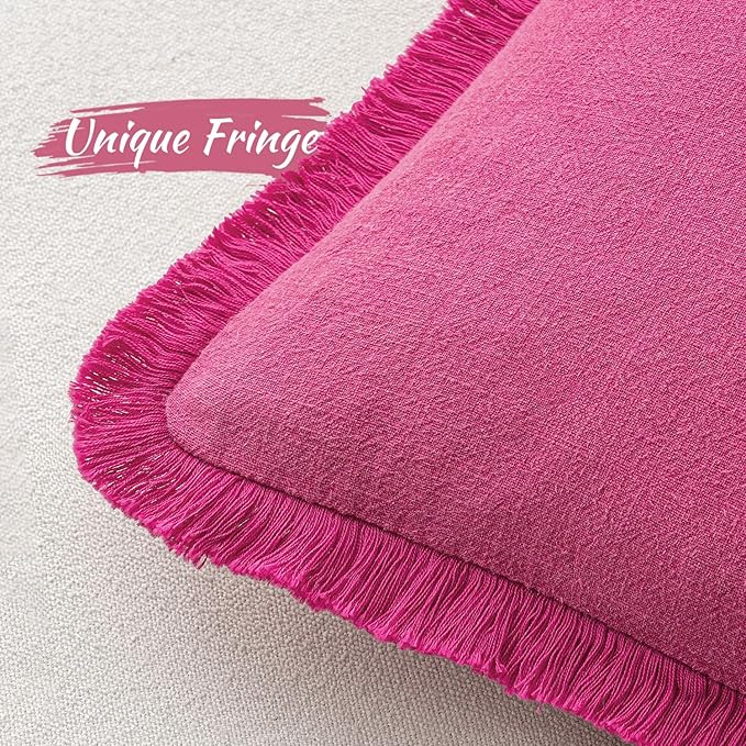 MIULEE Decorative Throw Pillow Covers Neutral Linen Fringe Throw Pillows Euro Shams Set of 2 Hot Pink Boho Farmhouse Cushion Covers for Couch Sofa Bed Living Room Spring Home Decor 22x22 Inch