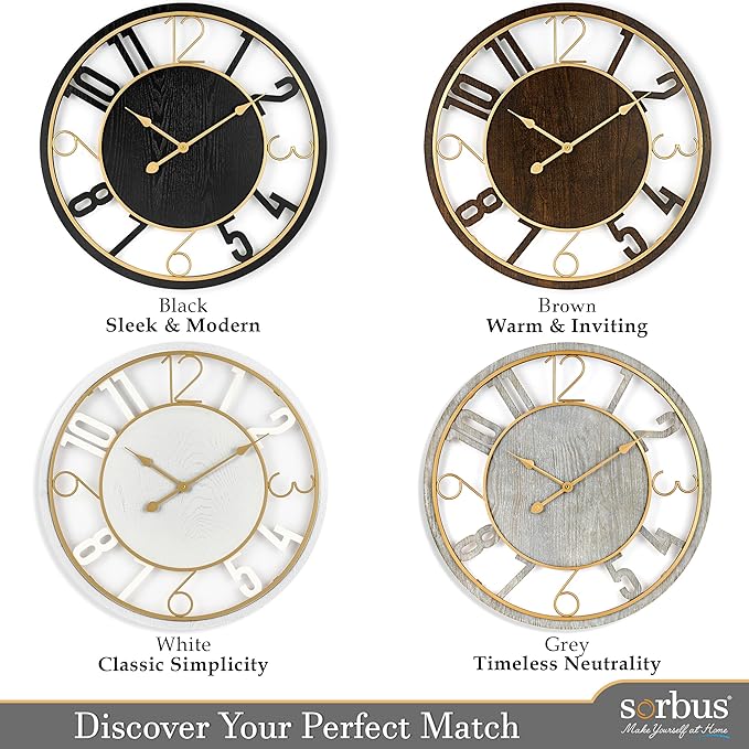 Sorbus 24-Inch Large Wall Clock – Wooden Decorative Clock for Living Room, Kitchen, Bedroom, Office – Easy to Hang Analog Wall Art (Grey)