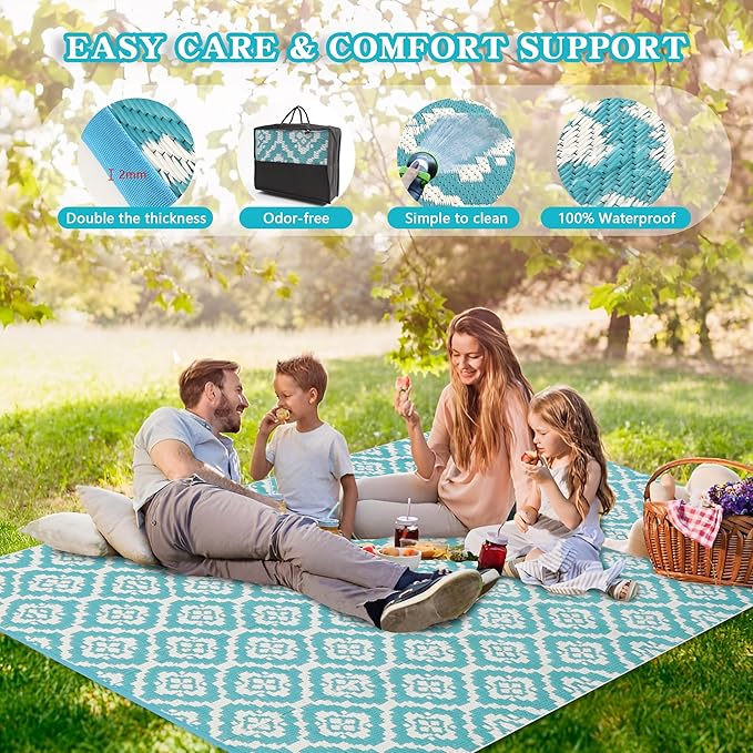 Wallona Outdoor Rugs 9x12 ft Patio Waterproof Clearance Indoor Outdoor Large Carpet for Patio Plastic Straw Reversible Area Rugs Mat for RV, Camping, Balcony, Beach, Picnic, Porch, Brick Green & White
