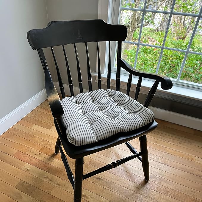 Barnett Home Decor Ticking Stripe Black Dining Chair Pad with Ties - 19" x 19" Size Large Chair Cushion - Latex Foam Fill - Machine Washable, Reversible, 100% Cotton, Made in USA