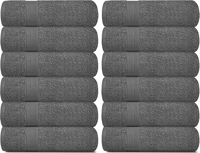 White Classic Resort Collection Soft Washcloth Face & Body Towel Set | 12x12 Luxury Hotel Plush & Absorbent Cotton Wash Clothes [12 Pack, Smoke Grey]