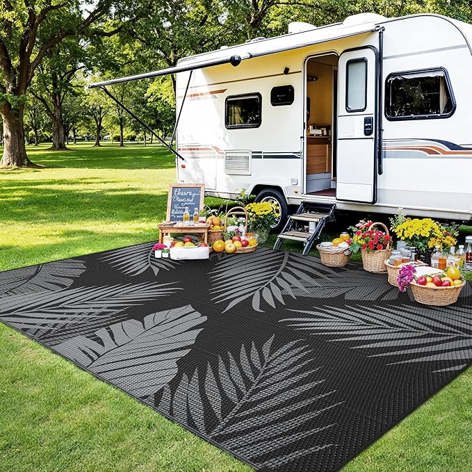 Outdoor Rug 6’x9’ Waterproof for Patio Clearance, Reversible Indoor Outdoor Plastic Straw Camping Rug Carpet, RV Mat, Large Area Rug for Deck, Backyard, Balcony, Porch, Beach, Black & Grey
