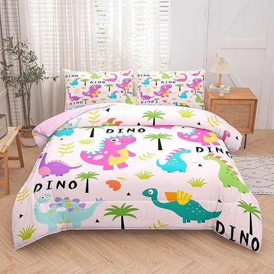 Tailor Shop Pink Dinosaur Comforter Set for Kids,Girls Bedding Sets Twin Size,Cartoon Dinosaur Bedding,Colorful Dino Bed Set，with 1 Comforter 1 Pillowcase……