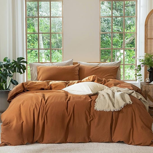 MooMee Bedding Duvet Cover Set 100% Washed Cotton Linen Like Textured Breathable Durable Soft Comfy (Solid Dark Orange, King 104"x90")