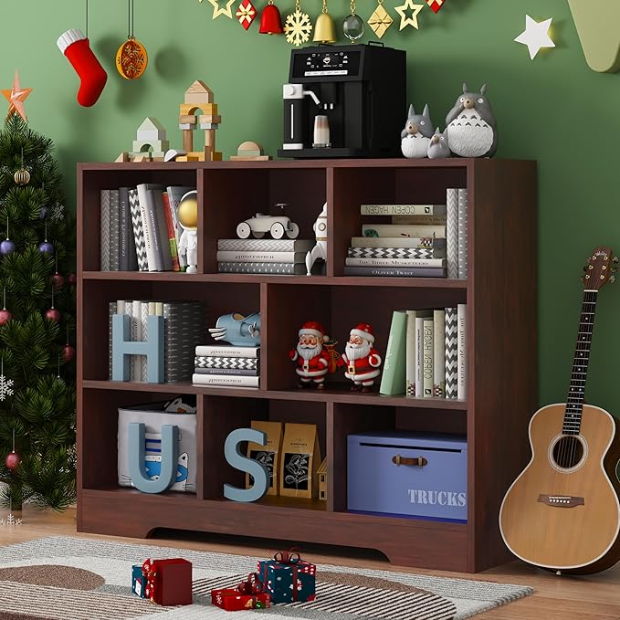 Kids Book Shelf Set of 2, 8 Cubes Storage Organizer Montessori Bookshelf, 3-Tier Wooden Kids Bookcase, Toy Storage Organizer for Children, Cherry Toddler Bookshelf Cube Shelf for Kid’s Room