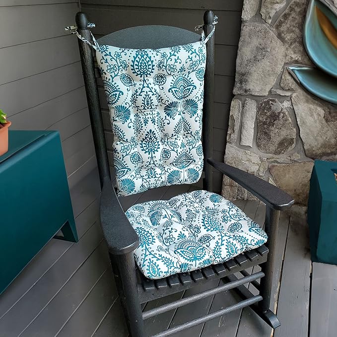Sylvan Teal Porch Rocker Cushions - Small - Indoor/Outdoor, Fade Resistant, Weather Resistant - Latex Foam Fill Rocking Chair Seat Cushion & Backrest Pad Set - Made in USA (Turquoise/White)