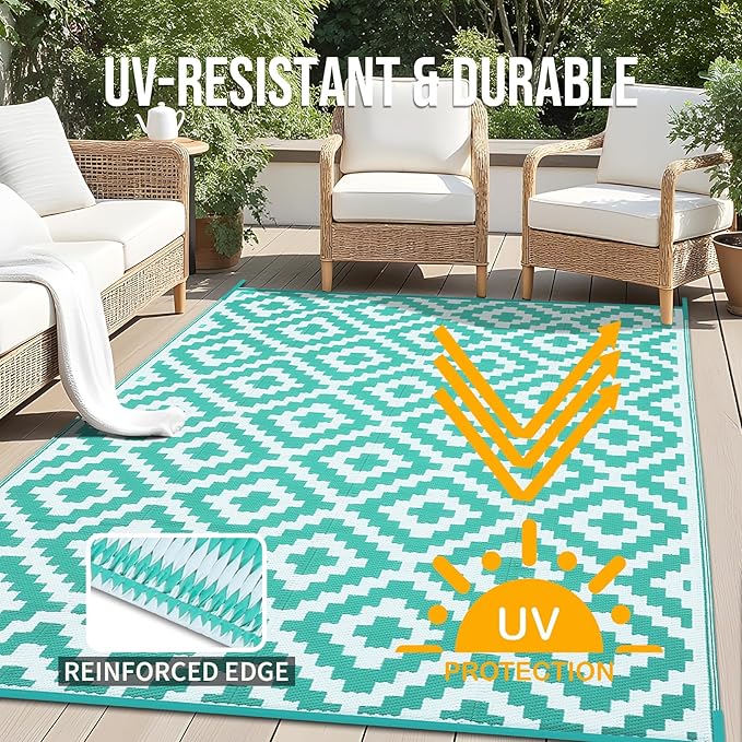 OLANLY Waterproof Outdoor Rug 9x18 ft, Outdoor Plastic Straw Rug for Camping, RV Mat Outside, Outdoor Carpet for Porch, Deck, Backyard, Balcony, Picnic, Turquoise & White