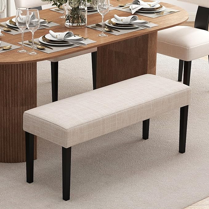 Farmhouse Upholstered Dining Bench Seat, 45" Linen Entryway Bench with Black Wood Legs, Mid Century Modern End of Bed Bench for Kitchen Bedroom Living Room Hallway, for 2-3 Person, Beige