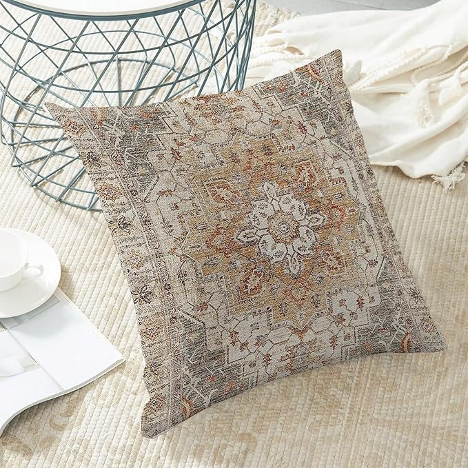 Boho Khaki Nature Throw Pillow Covers 18x18 Inch Set of 2, Carpet Pattern Neutral Decorative Throw Pillow Covers Bohemia Khaki Linen Outdoor Cushion Cover for Sofa Couch Farmhouse Room Decor