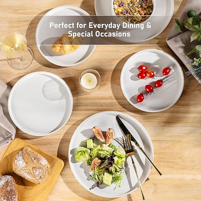 GBhome Ceramic Dinnerware Sets for 6, Matte Stoneware Plates and Bowls Sets,Chip and Scratch Resistant Dishes, Dishwasher & Microwave Safe, Oven safe,Reactive Glaze-White