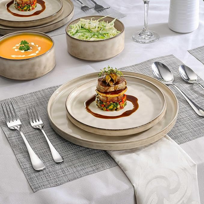 LIANYU Dinnerware Set for 4, 12 Piece Plates and Bowls Ceramic Dish Set, Includes Dinner Salad Plates, Cereal Bowls, Microwave & Dishwasher Safe, Sandy Beige